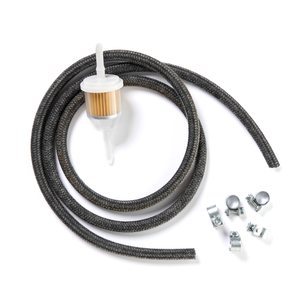 Ethanol-Resistant German Fuel Line Kit with cloth braided fuel hose, clamps, and in-line fuel filter
