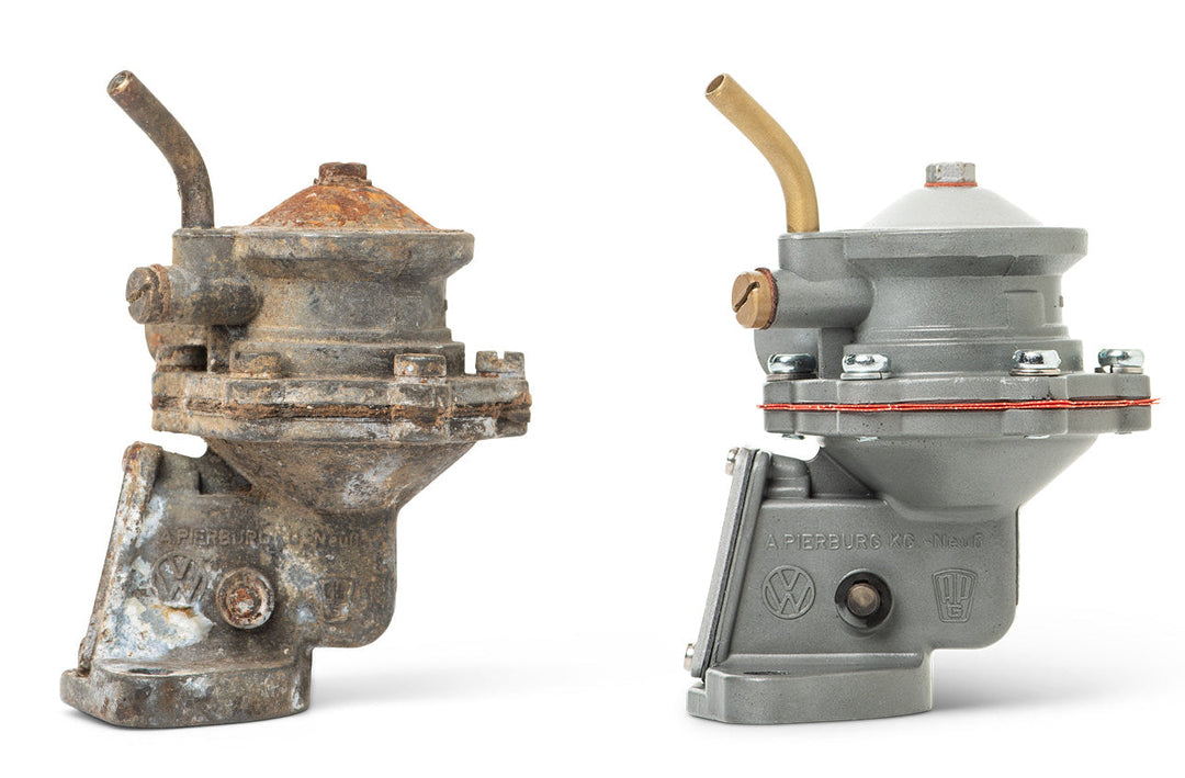 Two Pierburg Fuel Pumps shown side by side on a white background, one appearing weathered and rusty on the left, and one cleaner, restored, painted gray on the right.