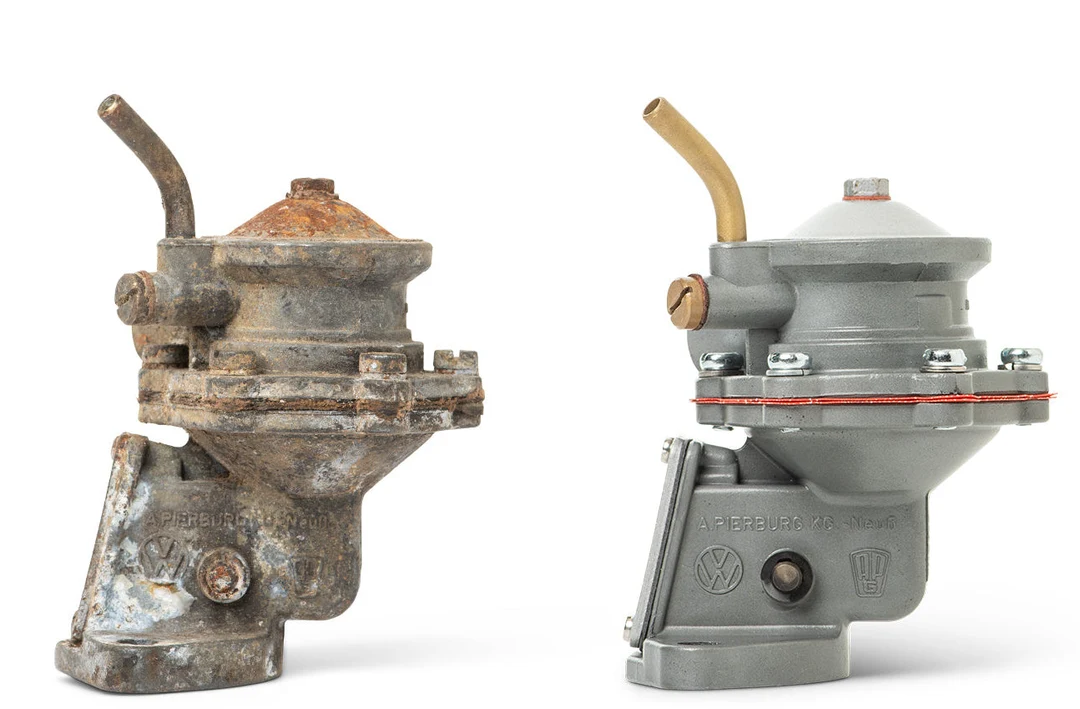 Two Pierburg Fuel Pumps shown side by side on a white background, one appearing weathered and rusty on the left, and one cleaner, restored, painted gray on the right.